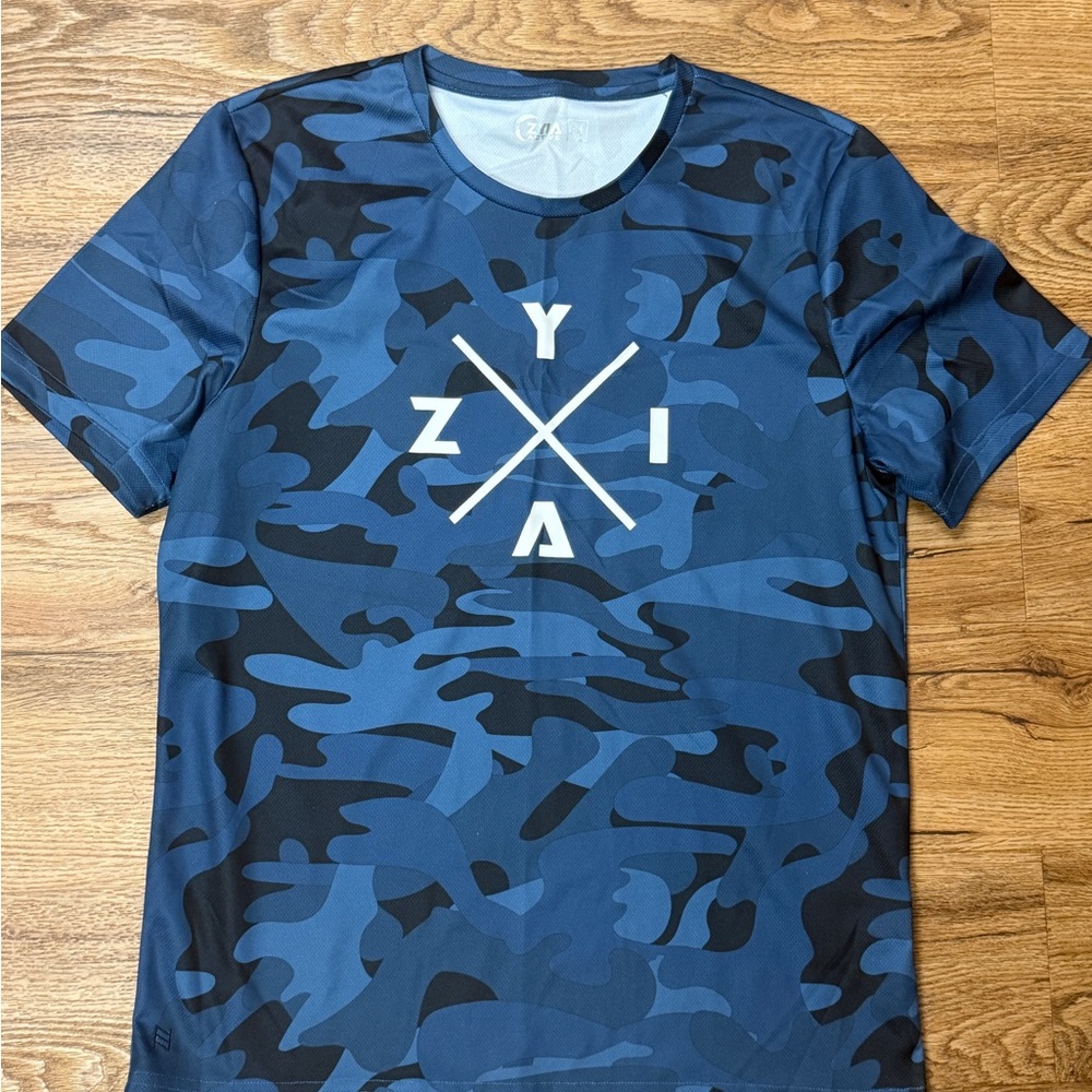 Blue and Black Camo Short Sleeve Tee with Graphic Design